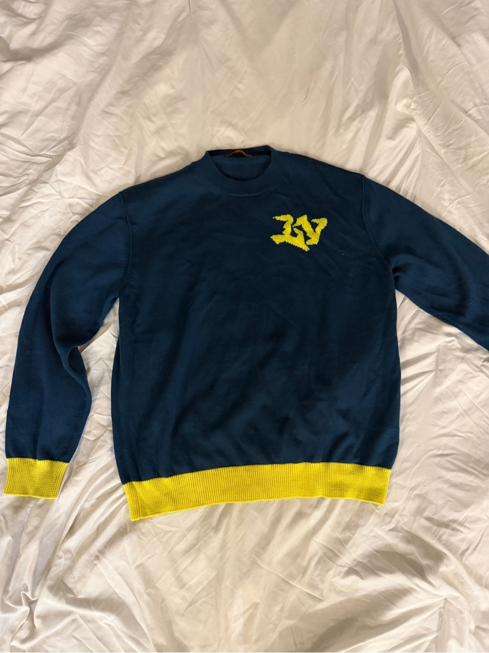 Louis Vuitton Navy Crewneck Sweater with Yellow Trim and Logo
